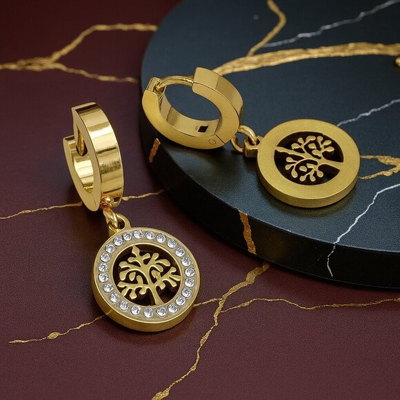 🆕 Tree Of Life 18K Gold Plated Stainless Steel Huggie Dainty Earrings Zirconia - Picture 5 of 12